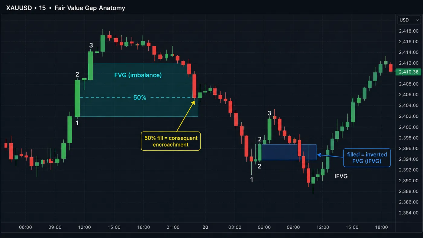 XAUUSD 15-minute chart showing a three-candle fair value gap shaded between candle one high and candle three l XAUUSD 15-minute chart showing a three-candle fair value gap shaded between candle one high and candle three low, price returning to the 50% level labelled consequent encroachment, and a second smaller gap that is fully filled and labelled inverted FVG