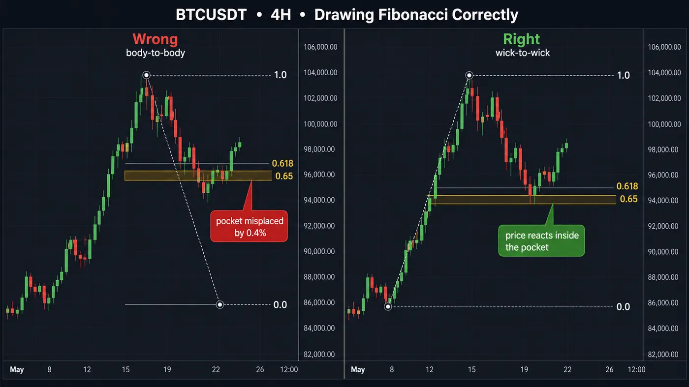 Two BTCUSDT 4-hour panels with the same impulse leg: on the left a Fibonacci drawn body to body places the golden pocket 0.4% too high and price ignores it; on the right the same fib drawn wick to wick puts the pocket exactly where price reacts