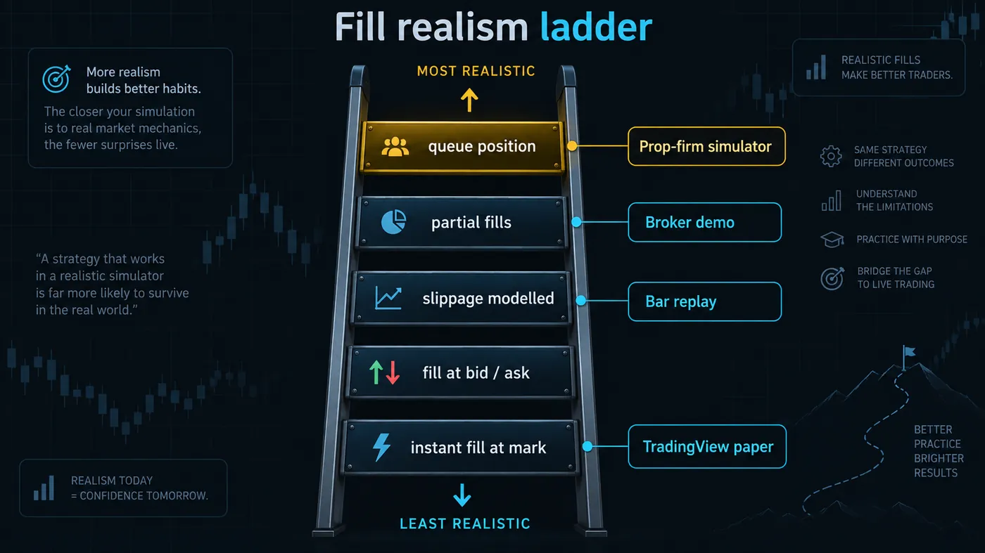 A vertical ladder from instant fill at mark (least realistic) through fill at bid/ask, slippage modelled and partial fills to queue position (most realistic), with TradingView paper, bar replay, broker demo and prop simulator placed on the rungs