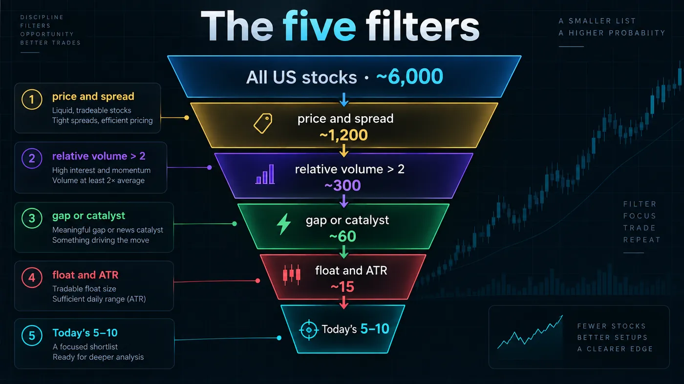 Funnel from all US stocks about 6,000 through price and spread, relative volume above 2, gap or catalyst, floa Funnel from all US stocks about 6,000 through price and spread, relative volume above 2, gap or catalyst, float and ATR, to today's five to ten names, with counts at each stage