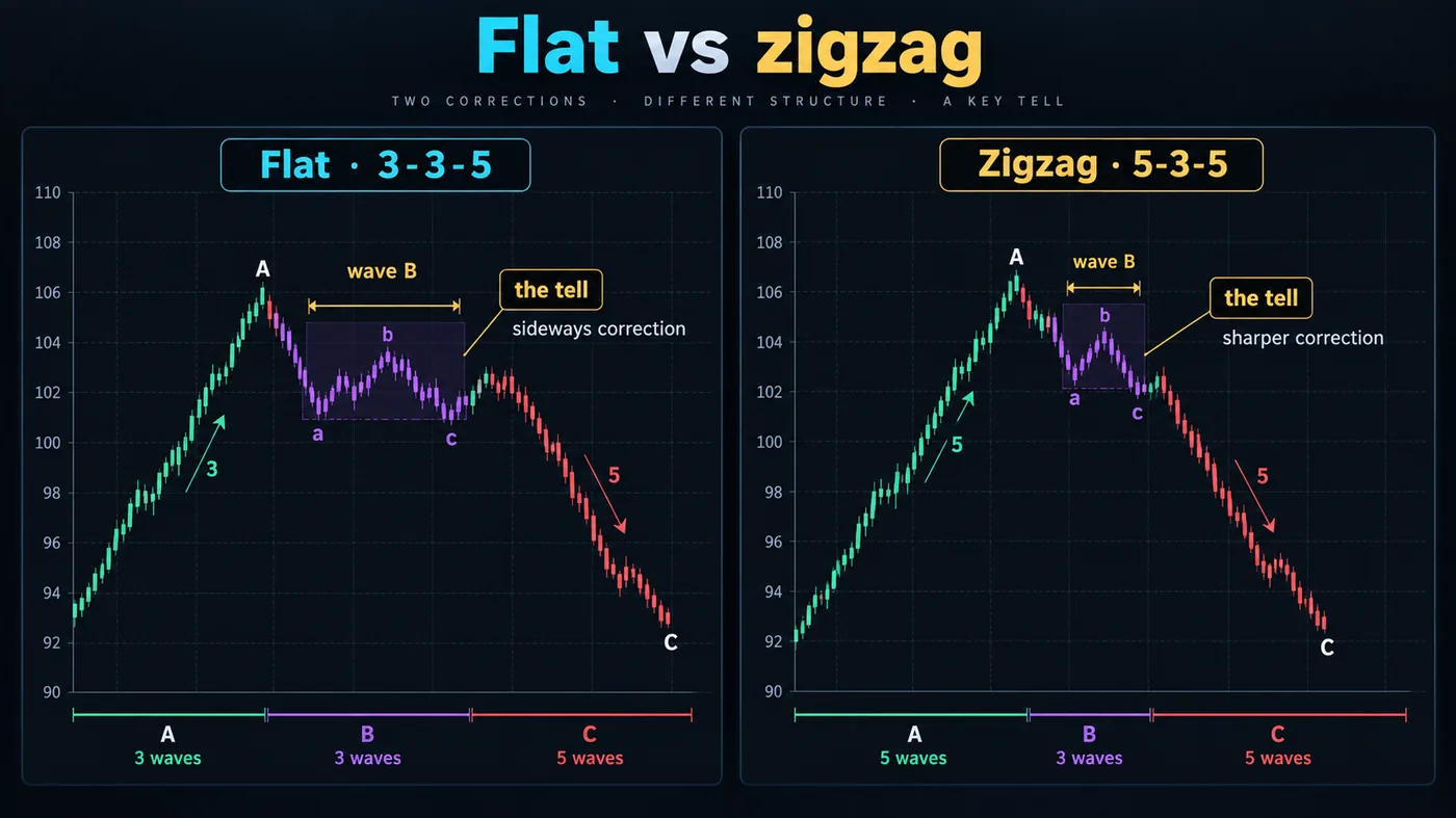 Flat and zigzag corrections compared, 3-3-5 against 5-3-5, with the tell at wave B highlighted Flat and zigzag corrections compared, 3-3-5 against 5-3-5, with the tell at wave B highlighted