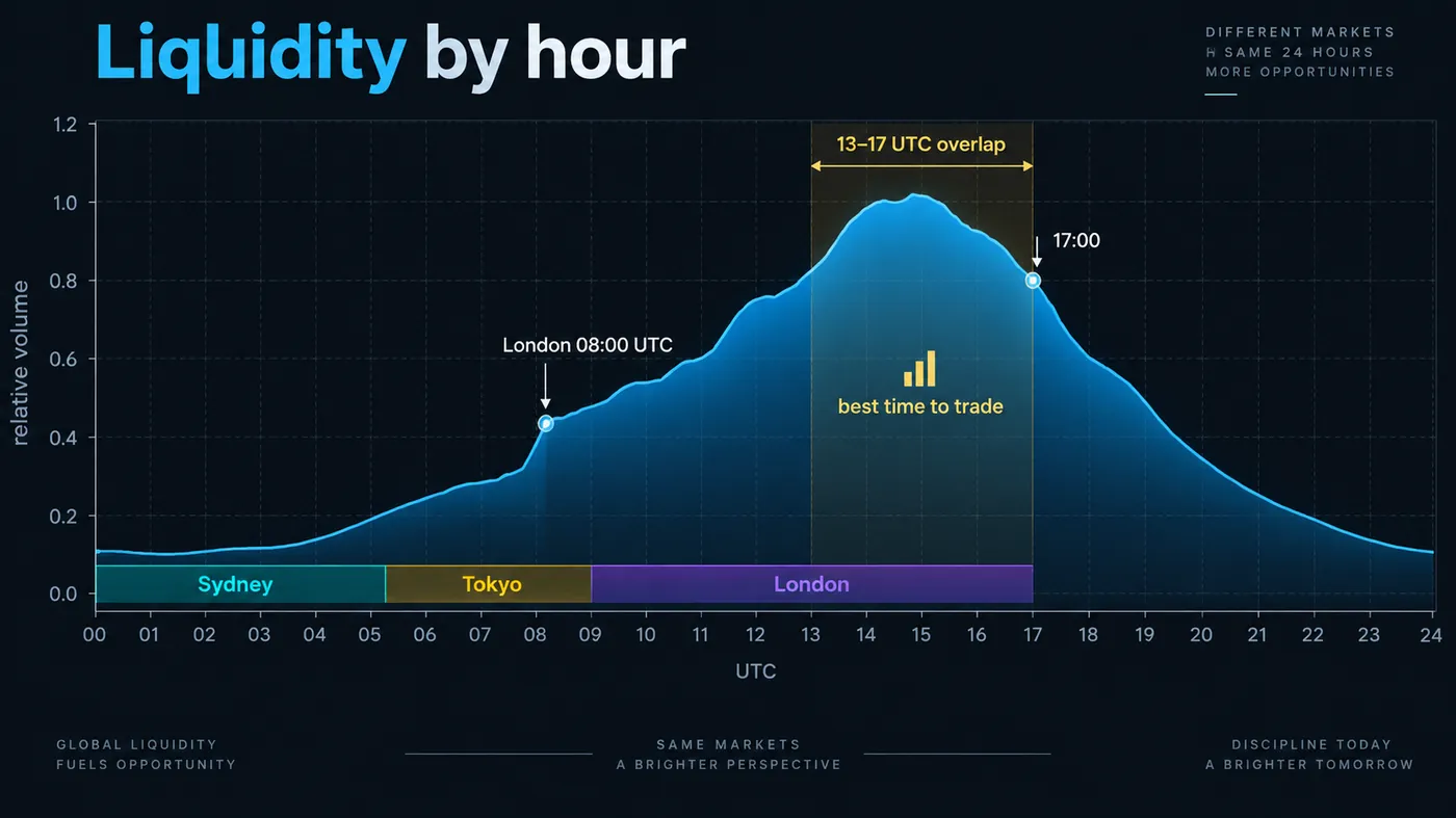 24-hour area chart of relative forex volume 24-hour area chart of relative forex volume: low in Sydney, rising through Tokyo, a sharp step at the London open, a peak in the 13 to 17 UTC overlap and a fade after London closes, with the best-time-to-trade window shaded