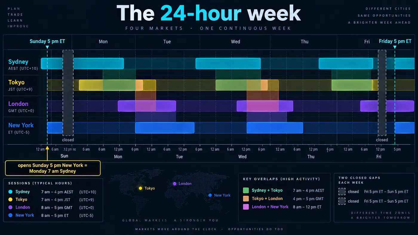 Timeline of the forex trading week from Sunday 5 pm ET to Friday 5 pm ET with Sydney, Tokyo, London and New Yo Timeline of the forex trading week from Sunday 5 pm ET to Friday 5 pm ET with Sydney, Tokyo, London and New York session bands, overlaps shaded and the two closed gaps marked