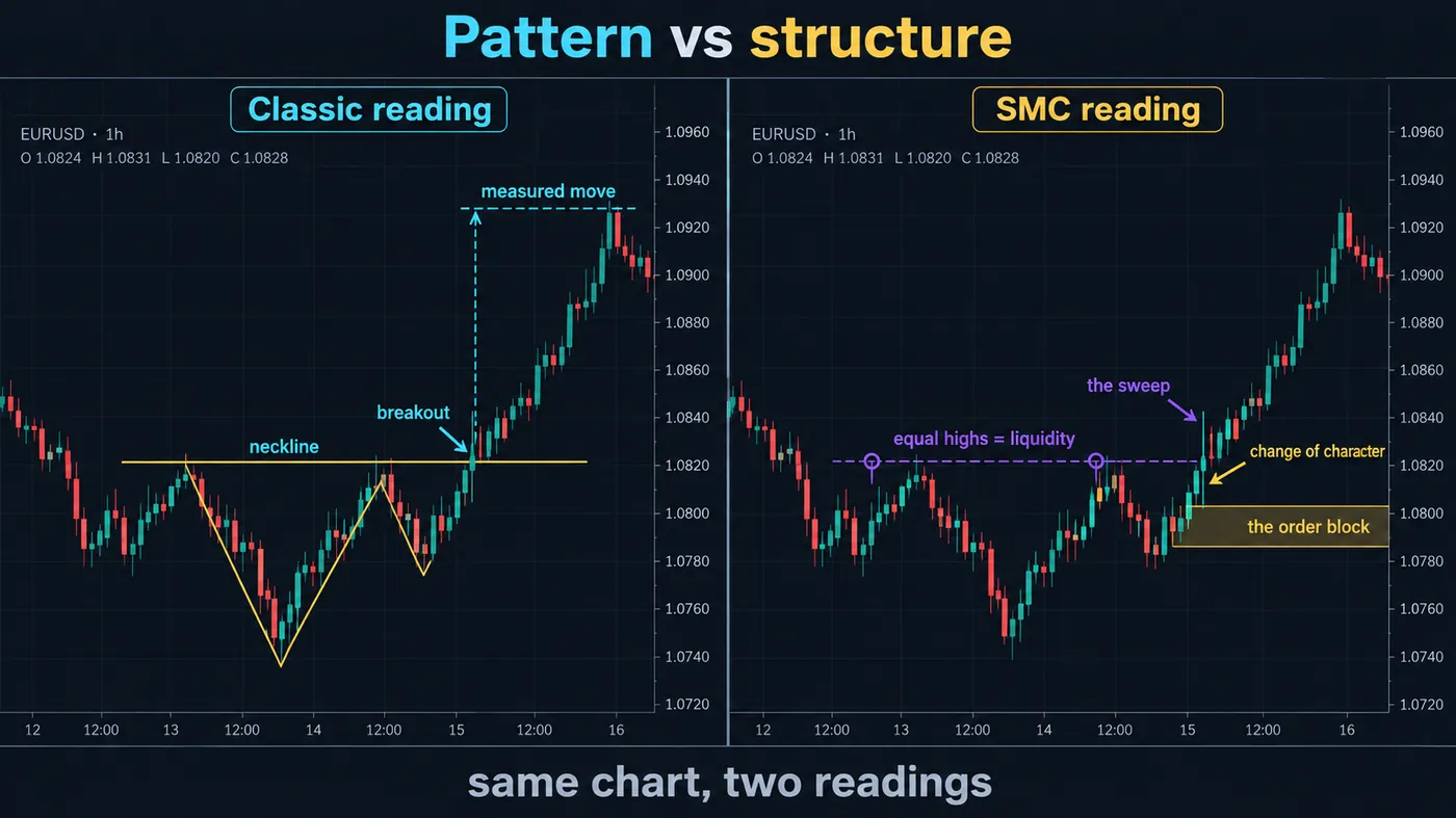 One EUR/USD 1-hour chart shown twice One EUR/USD 1-hour chart shown twice: on the left annotated the classic way with neckline, breakout and measured move; on the right the Smart Money way with equal highs as liquidity, the sweep, the order block and the change of character