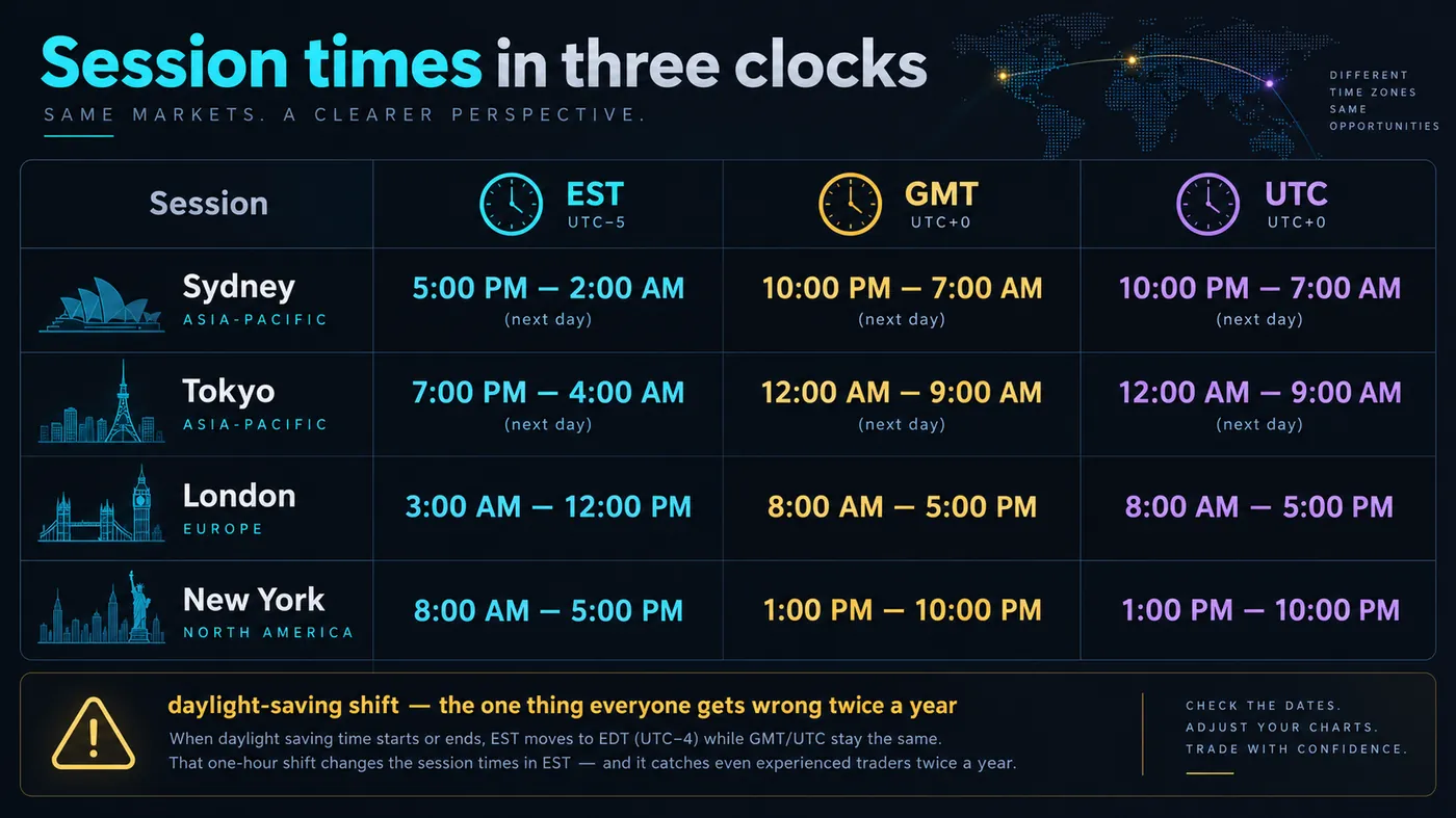 Table of Sydney, Tokyo, London and New York session times shown in EST, GMT and UTC side by side, with the day Table of Sydney, Tokyo, London and New York session times shown in EST, GMT and UTC side by side, with the daylight-saving shift annotated