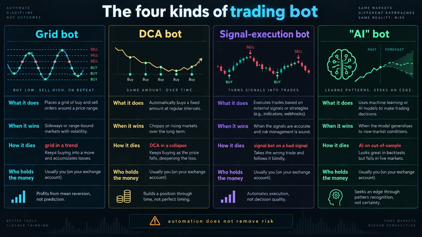 Four columns comparing grid bots, DCA bots, signal-execution bots and AI bots on what each does, when it wins, Four columns comparing grid bots, DCA bots, signal-execution bots and AI bots on what each does, when it wins, how it dies and who holds the money