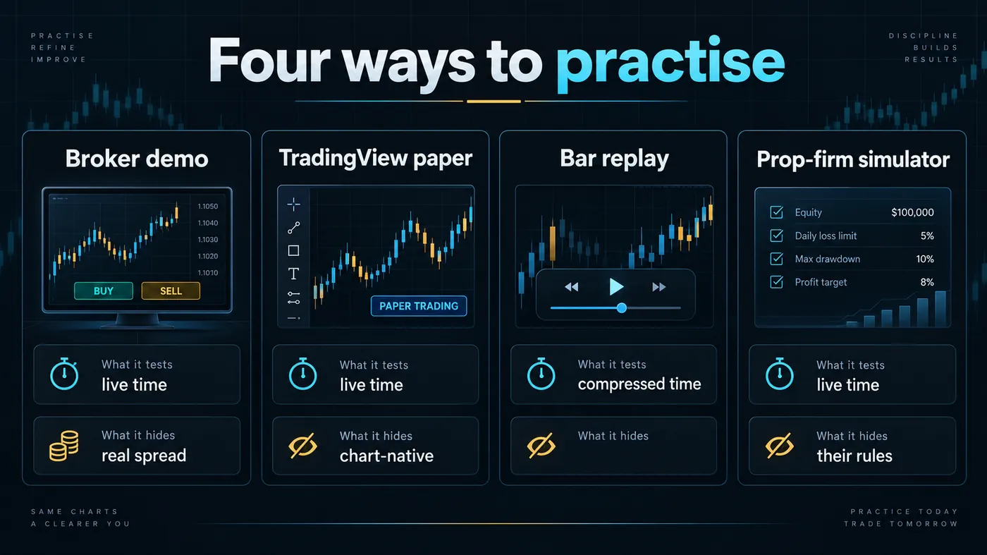 Four tiles comparing broker demo, TradingView paper trading, bar replay and prop-firm simulator on what each tests and what each hides