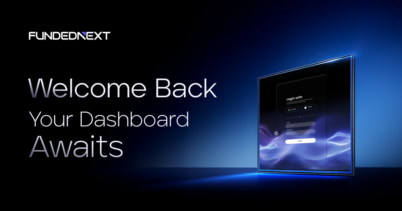 FundedNext dashboard sign-in screen with the welcome back message and a rendered login panel, the entry point FundedNext dashboard sign-in screen with the welcome back message and a rendered login panel, the entry point to the trader dashboard where objectives, daily loss and payout eligibility are tracked