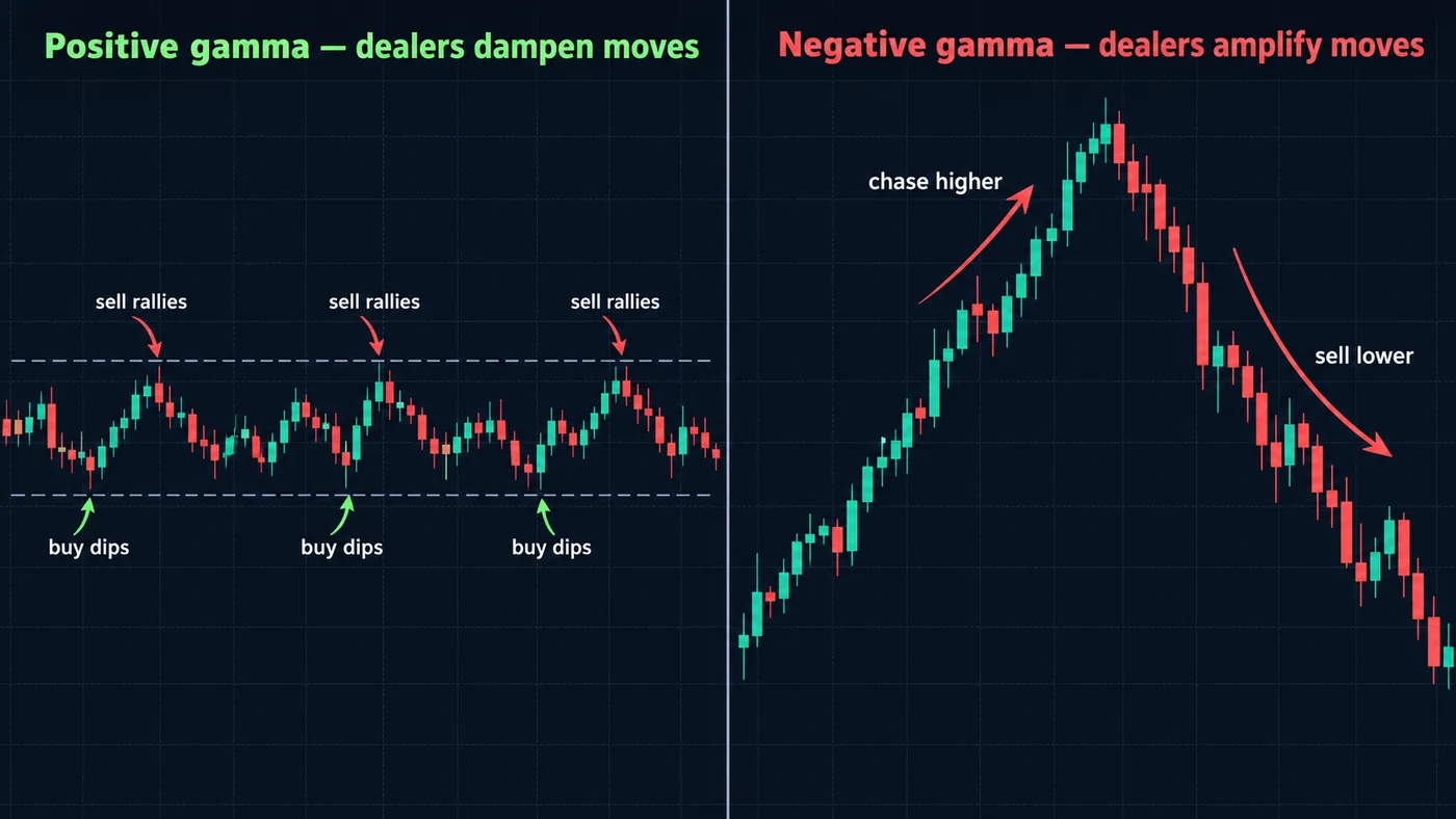 Zwei Preis-Panels nebeneinander: links Positive Gamma, eine enge, choppige Range mit Pfeilen, die zeigen, wie Dealer Rallies verkaufen und Dips kaufen; rechts Negative Gamma, breite trendende Swings mit Pfeilen, die zeigen, wie Dealer in Rückgänge verkaufen und in Rallies kaufen Zwei Preis-Panels nebeneinander: links Positive Gamma, eine enge, choppige Range mit Pfeilen, die zeigen, wie Dealer Rallies verkaufen und Dips kaufen; rechts Negative Gamma, breite trendende Swings mit Pfeilen, die zeigen, wie Dealer in Rückgänge verkaufen und in Rallies kaufen