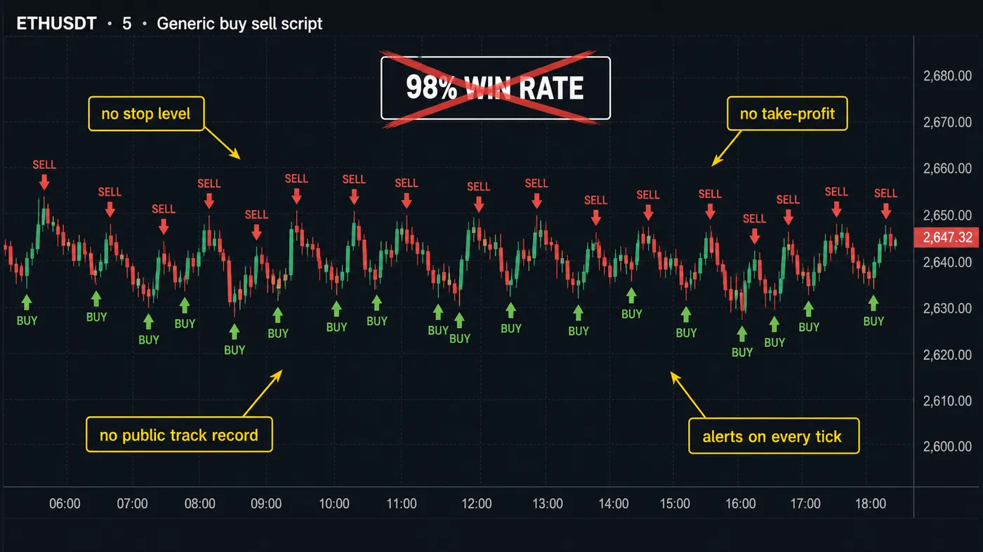 ETHUSDT 5-minute chart with a generic buy/sell script printing more than twenty alternating BUY and SELL arrows inside a narrow range, a crossed-out 98% win rate badge, and callouts reading no stop level, no take-profit, no public track record, alerts on every tick ETHUSDT 5-minute chart with a generic buy/sell script printing more than twenty alternating BUY and SELL arrows inside a narrow range, a crossed-out 98% win rate badge, and callouts reading no stop level, no take-profit, no public track record, alerts on every tick