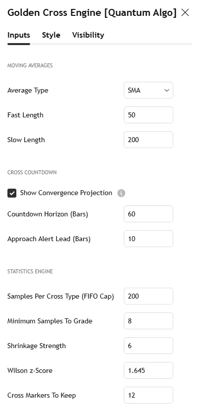 Golden Cross Engine settings panel: average type and lengths, countdown projection and horizon, approach alert lead, statistics, visuals