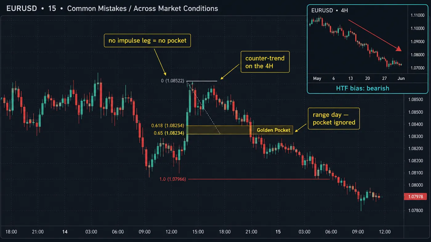 EURUSD 15-minute range day with a Fibonacci drawn on a small swing: price slices through the golden pocket without reacting and trends to the 1.0 level, with callouts no impulse leg = no pocket, counter-trend on the 4H, range day pocket ignored, and an inset 4H chart labelled HTF bias bearish