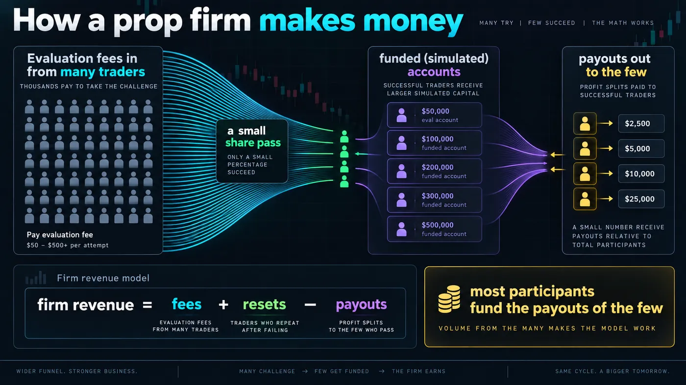 Flow diagram of evaluation fees coming in from many traders, a small share passing to funded simulated accounts, and payouts going out to the few, with the revenue formula fees plus resets minus payouts and the callout most participants fund the payouts of the few
