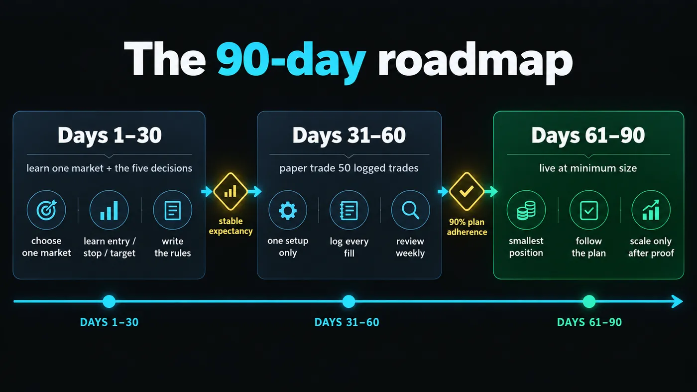 Three-block timeline Three-block timeline: days 1 to 30 learn one market and the five decisions, days 31 to 60 paper trade fifty logged trades, days 61 to 90 live at minimum size, with gates labelled stable expectancy and 90 percent plan adherence between blocks