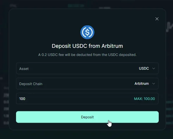 Cuadro de depósito de Hyperliquid titulado Deposit USDC from Arbitrum, que indica que se descontará una comisión de 0.2 USDC de Cuadro de depósito de Hyperliquid titulado Deposit USDC from Arbitrum, que indica que se descontará una comisión de 0.2 USDC del USDC depositado, con activo USDC, cadena de depósito Arbitrum y una cantidad de 100