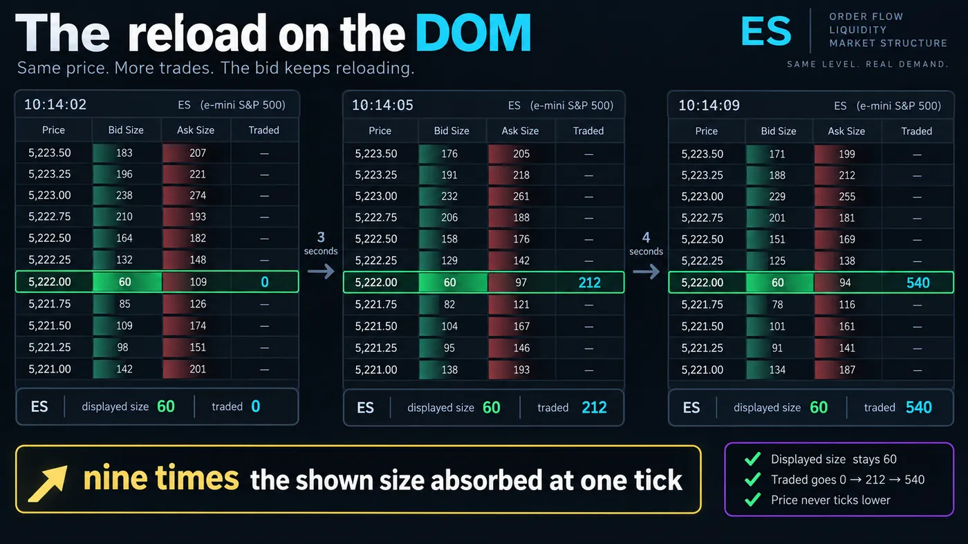 Three ES depth-of-market snapshots a few seconds apart at the same bid: the displayed size stays 60 while the Three ES depth-of-market snapshots a few seconds apart at the same bid: the displayed size stays 60 while the traded column goes 0, 212 and then 540 and price never ticks lower; callout nine times the shown size absorbed at one tick