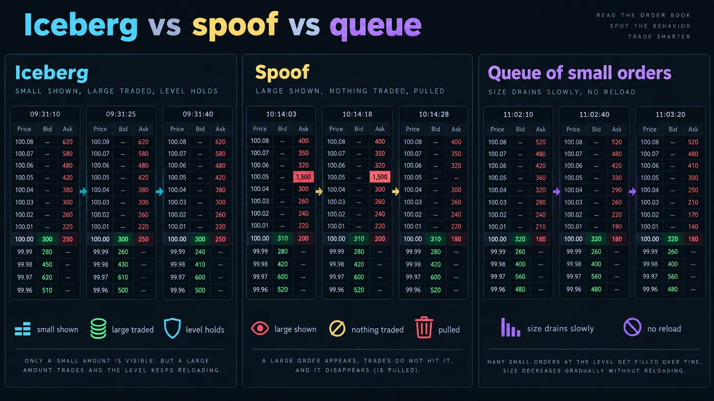 Iceberg versus spoof versus queue of small orders: three DOM panels, an iceberg with a small displayed size, l Iceberg versus spoof versus queue of small orders: three DOM panels, an iceberg with a small displayed size, large traded volume and a level that holds; a spoof with a large displayed order, nothing traded and then pulled; a queue of small orders whose size drains slowly with no reload