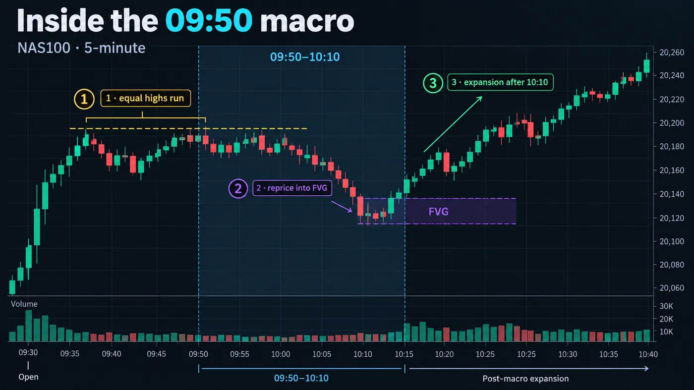 Inside the 09:50–10:10 ICT macro on a NAS100 5-minute chart: the window shaded, the run through the equal high Inside the 09:50–10:10 ICT macro on a NAS100 5-minute chart: the window shaded, the run through the equal highs from the open (1), the reprice into the 5-minute fair value gap (2) and the expansion after 10:10 (3), with the post-macro expansion labelled
