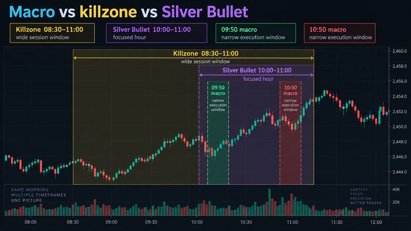 ICT macro versus killzone versus Silver Bullet on one NAS100 morning: the 08:30-11:00 killzone as the wide ban ICT macro versus killzone versus Silver Bullet on one NAS100 morning: the 08:30-11:00 killzone as the wide band, the 10:00-11:00 Silver Bullet hour inside it, and the 09:50 and 10:50 macros as the narrow execution windows inside that