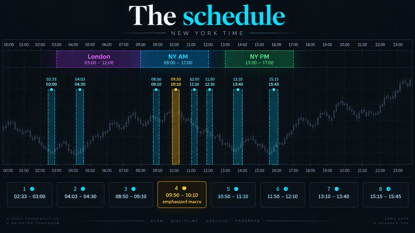 ICT macros schedule on a 24-hour New York-time chart: the eight macro windows highlighted as vertical bands (0 ICT macros schedule on a 24-hour New York-time chart: the eight macro windows highlighted as vertical bands (02:33-03:00, 04:03-04:30, 08:50-09:10, 09:50-10:10, 10:50-11:10, 11:50-12:10, 13:10-13:40, 15:15-15:45) under the London, NY AM and NY PM session bands, with the 09:50 macro emphasised and the eight windows listed underneath