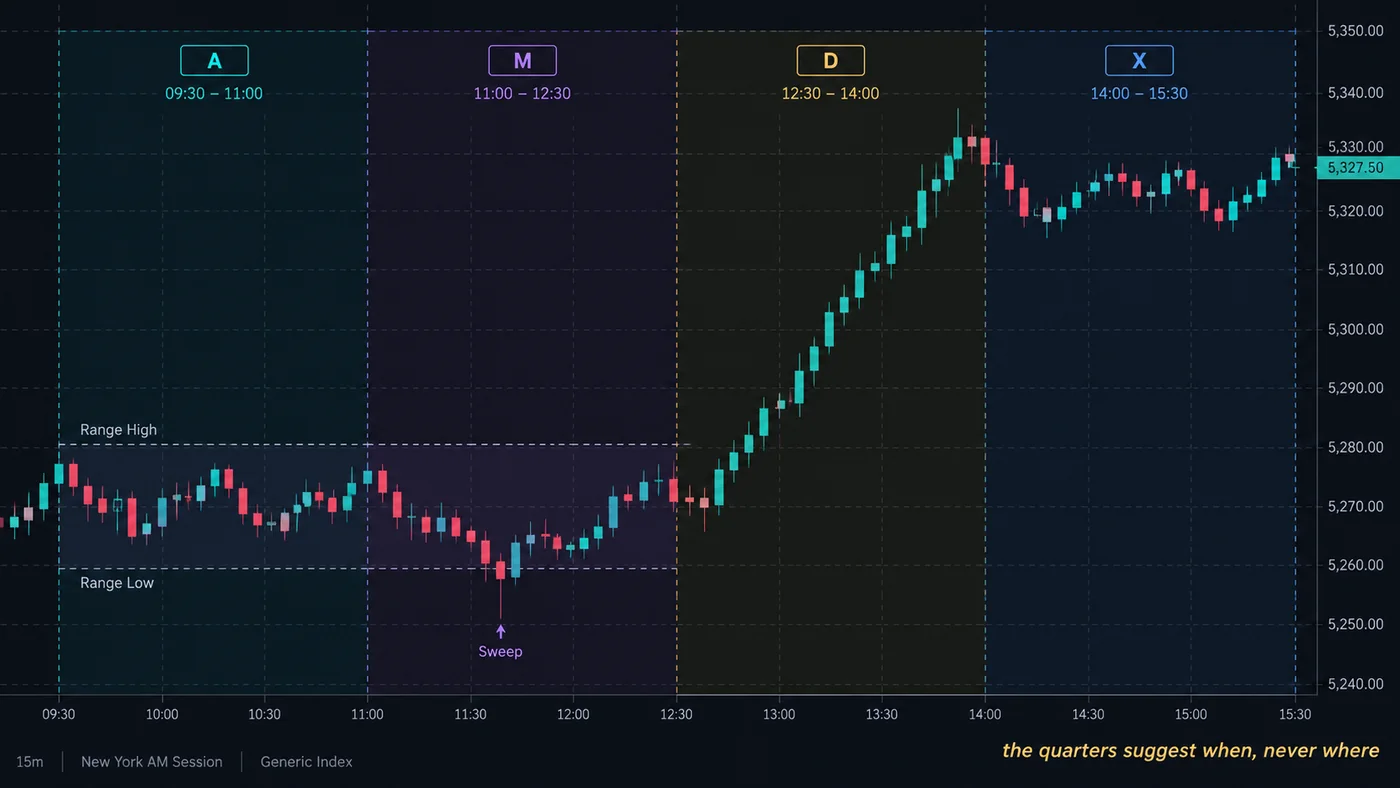 Una sesión New York AM en un gráfico de 15 minutos dividida en cuatro bloques de 90 minutos etiquetados A, M, D y X, con un swe Una sesión New York AM en un gráfico de 15 minutos dividida en cuatro bloques de 90 minutos etiquetados A, M, D y X, con un sweep del mínimo del rango en el bloque M, la expansión al alza en el bloque D y consolidación en el bloque X, con el texto los trimestres sugieren cuándo, nunca dónde