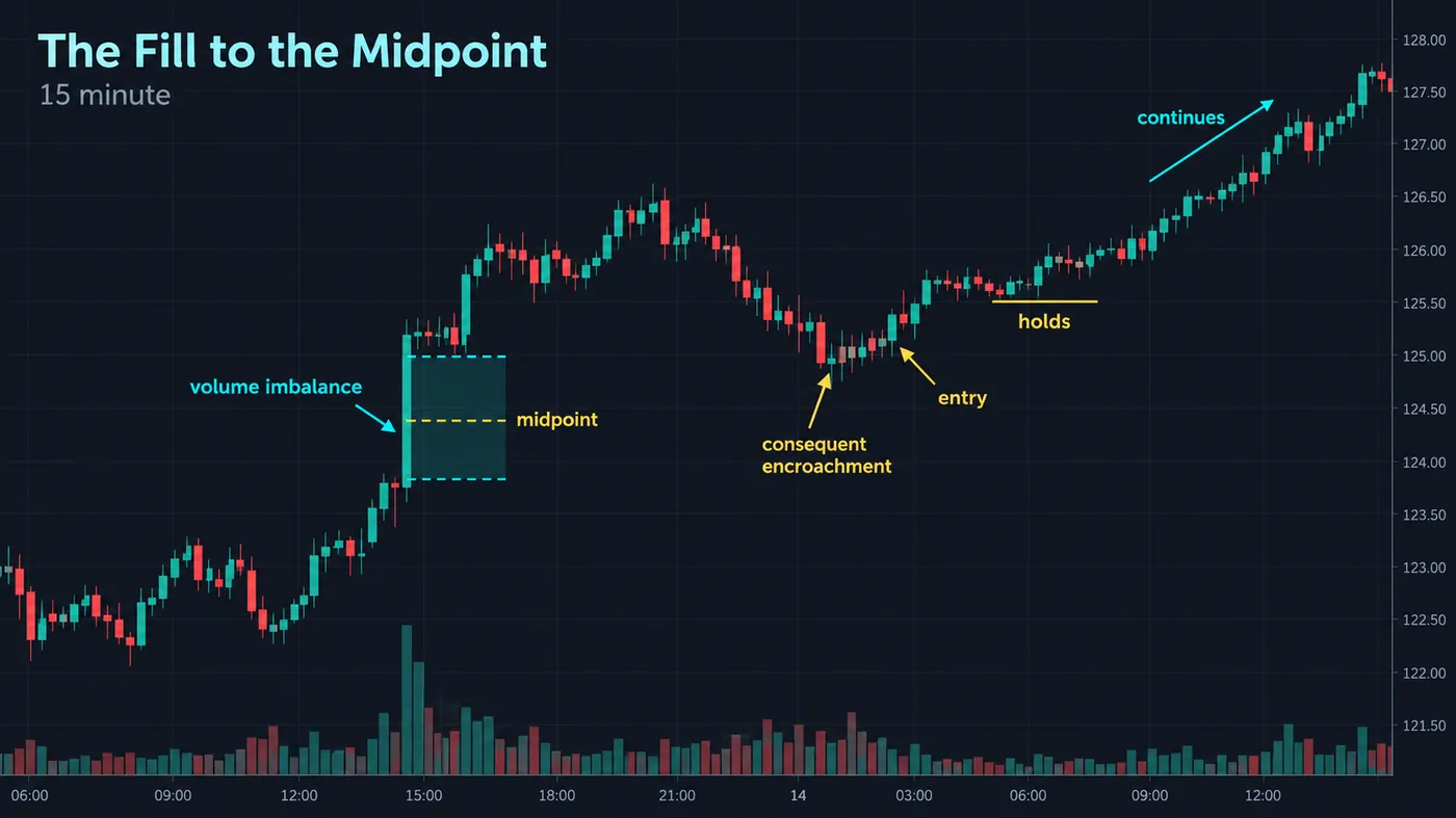 A bullish volume imbalance on a 15-minute chart being revisited: price returns into the body gap, touches the A bullish volume imbalance on a 15-minute chart being revisited: price returns into the body gap, touches the midpoint (consequent encroachment), holds, and continues higher; the gap, the midpoint and the entry marked