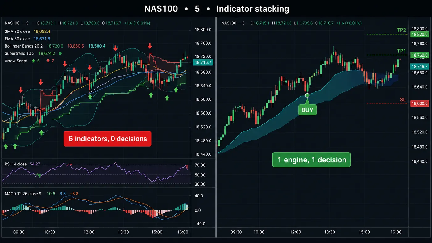 NAS100 5-minute chart shown twice NAS100 5-minute chart shown twice: left with six stacked indicators giving conflicting signals, labelled 6 indicators 0 decisions; right with one structure engine, a BUY label, stop-loss and TP1/TP2, labelled 1 engine 1 decision