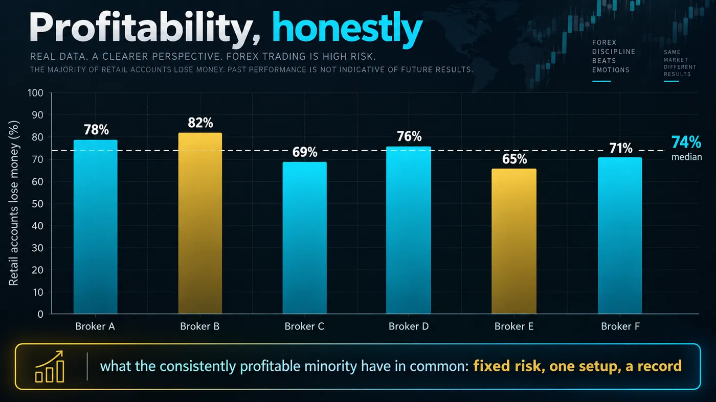 Bar chart of retail loss rates published by six regulated forex brokers, 65 to 82 percent with a 74 percent me Bar chart of retail loss rates published by six regulated forex brokers, 65 to 82 percent with a 74 percent median, and a band naming what the consistently profitable minority have in common: fixed risk, one setup, a record