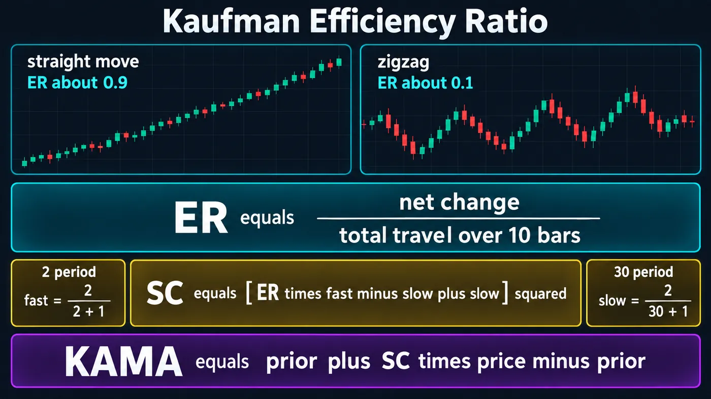 The KAMA formula step by step: the efficiency ratio (net change over 10 bars divided by the sum of absolute ba The KAMA formula step by step: the efficiency ratio (net change over 10 bars divided by the sum of absolute bar-to-bar changes) shown on a straight move (ER near 1) and a zigzag (ER near 0), then the smoothing constant squared between the fast (2) and slow (30) EMA constants, and KAMA = prior KAMA + SC × (price − prior KAMA)
