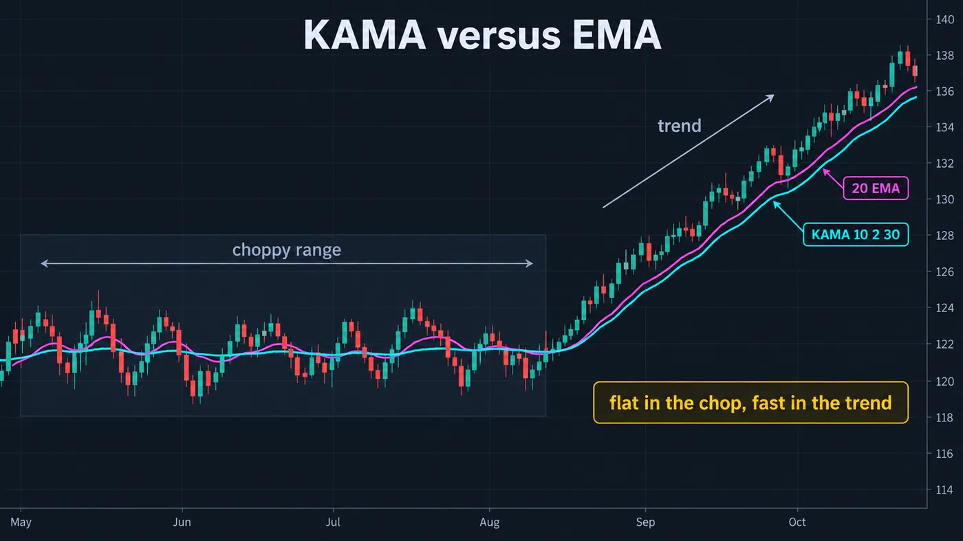 KAMA compared with a 20-period EMA on the same price chart: during a choppy range the EMA whipsaws while KAMA KAMA compared with a 20-period EMA on the same price chart: during a choppy range the EMA whipsaws while KAMA goes almost flat, then in the trend KAMA turns and tracks price nearly as tightly as the EMA; both lines labelled