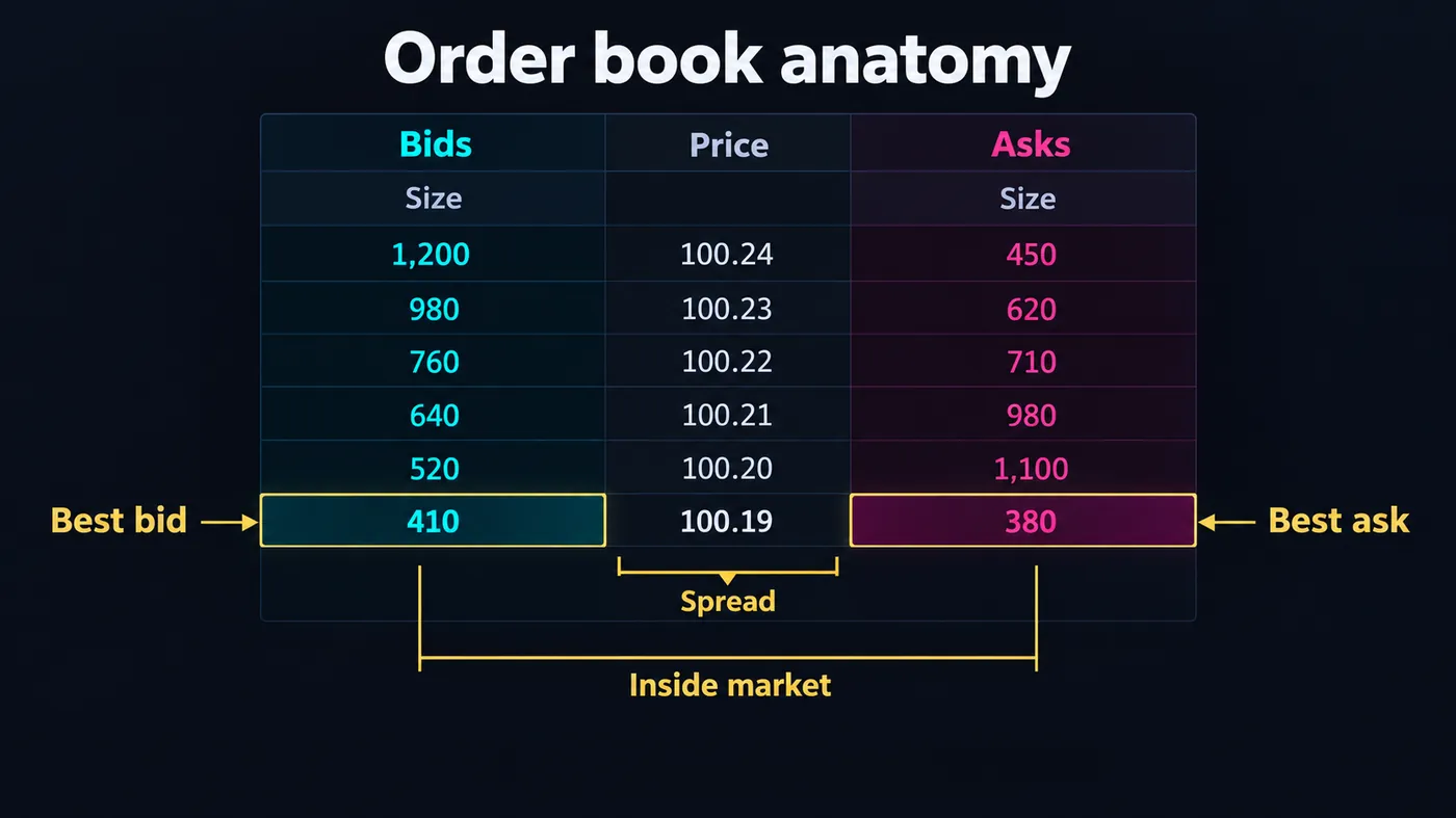 Level 2 order book anatomy: the bid column on the left and the ask column on the right, price levels in the mi Level 2 order book anatomy: the bid column on the left and the ask column on the right, price levels in the middle, size at each level, the inside market (best bid and best ask) highlighted and the spread labelled