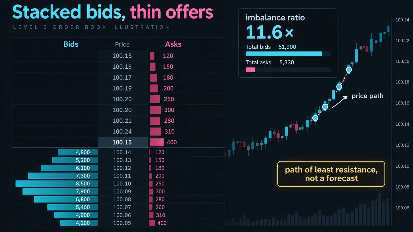 A Level 2 book with stacked bids and thin offers: large resting size on the bid side across several levels, sm A Level 2 book with stacked bids and thin offers: large resting size on the bid side across several levels, small size on the ask side, the imbalance ratio labelled and the price ticking up through the thin offers