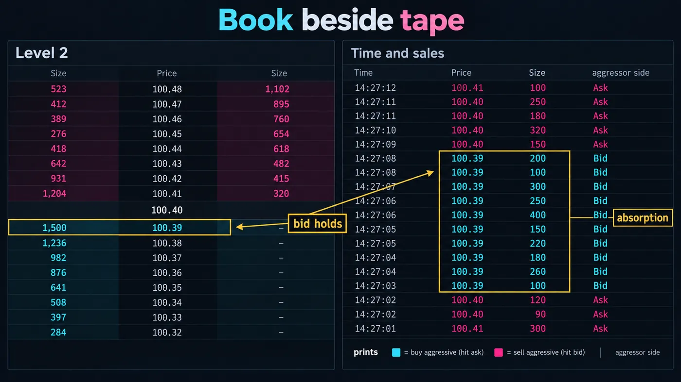 Level 2 beside time and sales: prints hitting the bid at one level while the bid size holds, the tape coloured Level 2 beside time and sales: prints hitting the bid at one level while the bid size holds, the tape coloured by aggressor side, and a callout marking the absorption