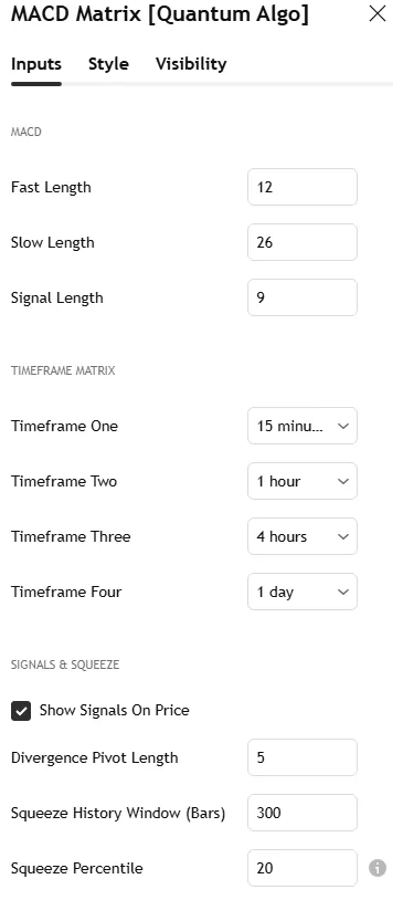 MACD Matrix settings panel: fast, slow and signal lengths, four matrix timeframes, divergence pivot length, squeeze window and percentile, cooldown, statistics, river and dashboard