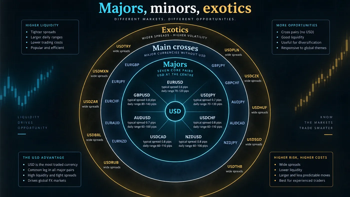 Three concentric rings Three concentric rings: the seven major pairs in the centre with USD as the common leg, the main crosses in the middle ring, and exotics with wide spreads outside