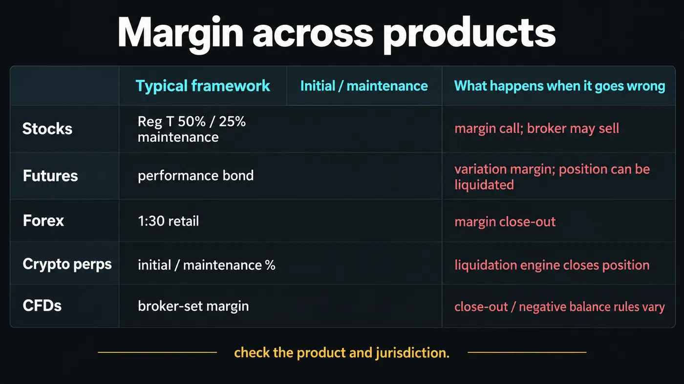 Table of margin frameworks by product — stocks Reg T 50% and 25% maintenance, futures performance bond, forex Table of margin frameworks by product — stocks Reg T 50% and 25% maintenance, futures performance bond, forex 1:30 retail, crypto perpetuals initial and maintenance percentages, CFDs broker-set margin — with what happens when it goes wrong for each