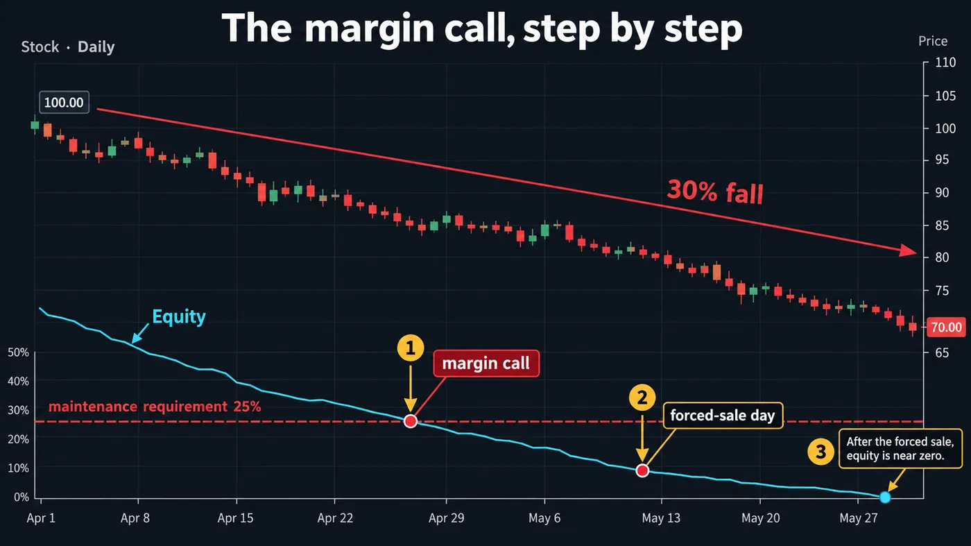 Stock daily chart falling 30% with the equity line plotted against a 25% maintenance requirement underneath Stock daily chart falling 30% with the equity line plotted against a 25% maintenance requirement underneath: the crossing labelled margin call, the forced-sale day marked, and equity near zero after the sale