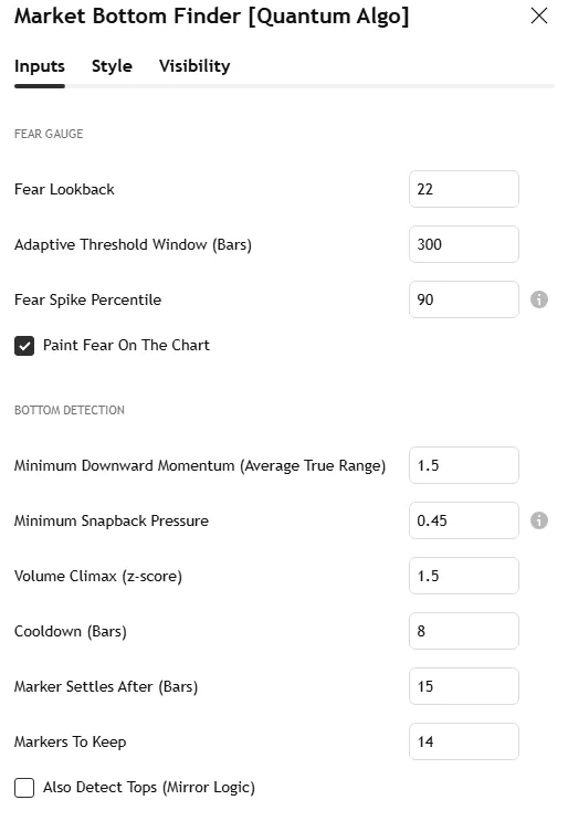 Market Bottom Finder settings panel: fear gauge lookback and percentile, minimum momentum, minimum pressure, volume climax level, cooldown, settle window, top mirror, statistics