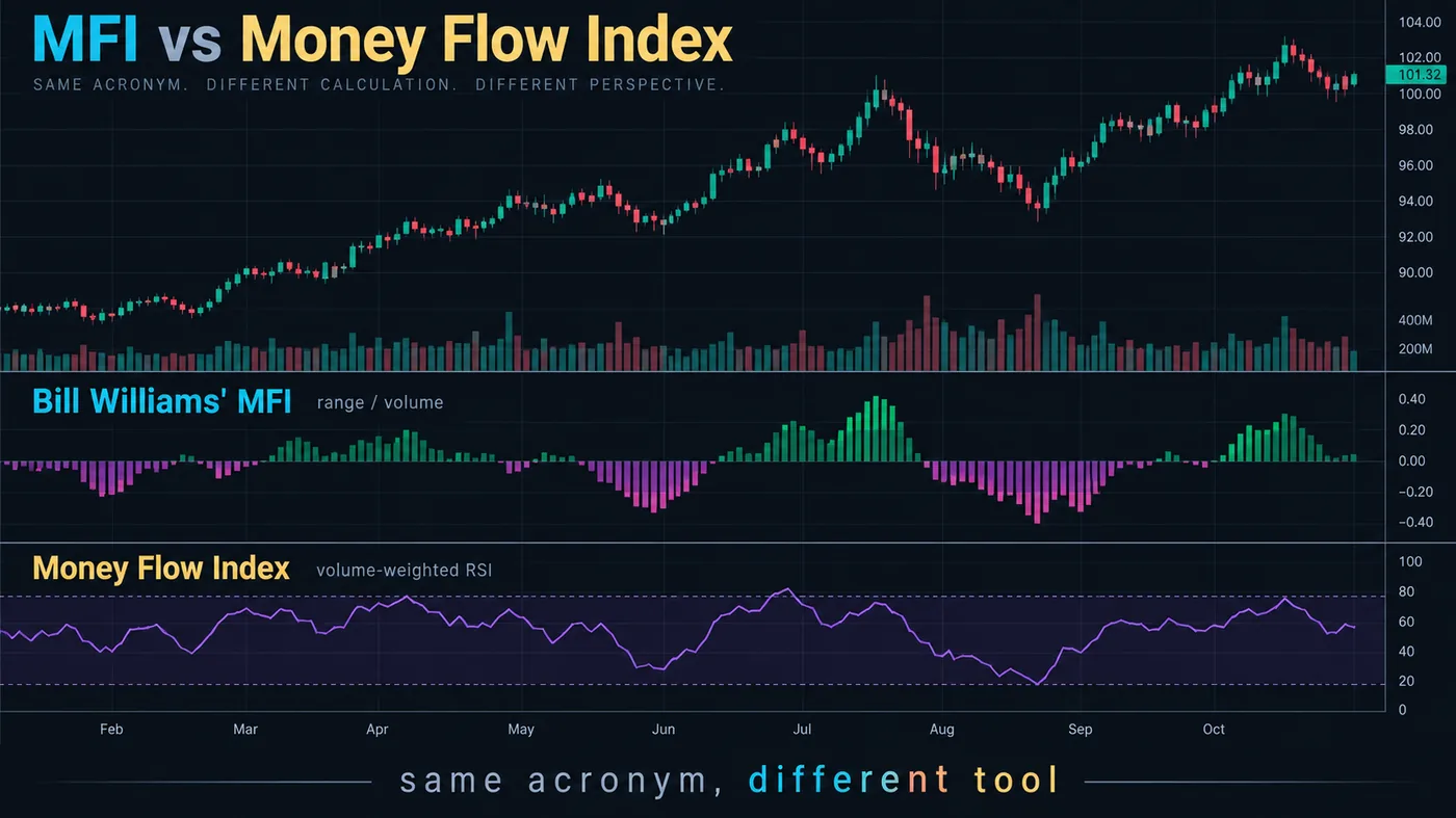 Two panes side by side: Bill Williams' Market Facilitation Index (range divided by volume, four colours) and t Two panes side by side: Bill Williams' Market Facilitation Index (range divided by volume, four colours) and the Money Flow Index (a volume-weighted RSI with 20 and 80 levels)