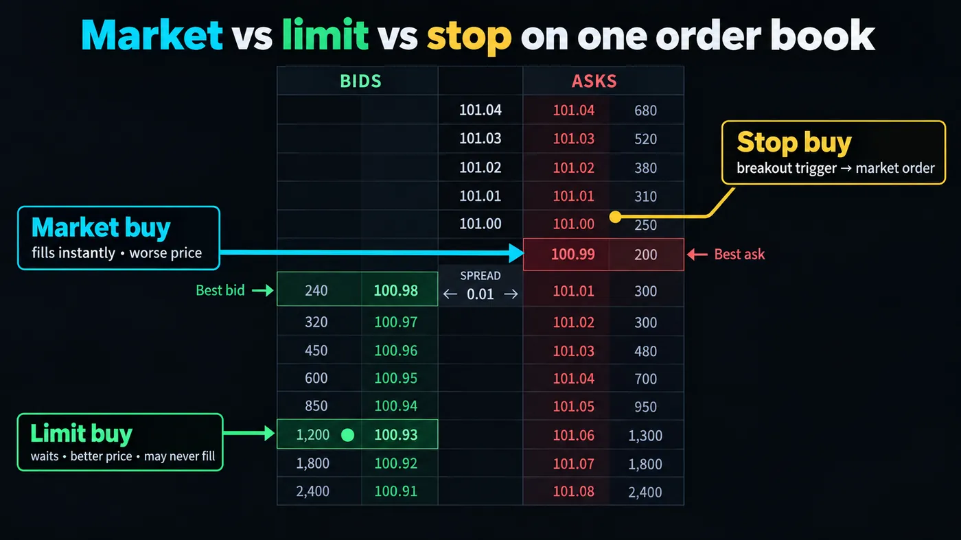 Order book with bids and asks Order book with bids and asks: a market buy crossing the spread to the best ask, a limit buy resting below the bid, and a stop buy above the ask that triggers into a market order on a breakout