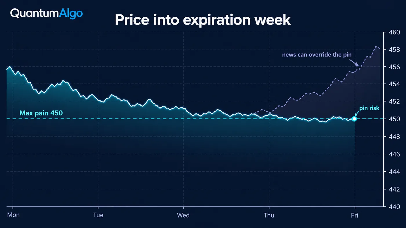A five-day price line from Monday to Friday drifting toward a dashed horizontal line labelled max pain 450, wi A five-day price line from Monday to Friday drifting toward a dashed horizontal line labelled max pain 450, with Friday marked pin risk, and a faint second path breaking away labelled news can override the pin