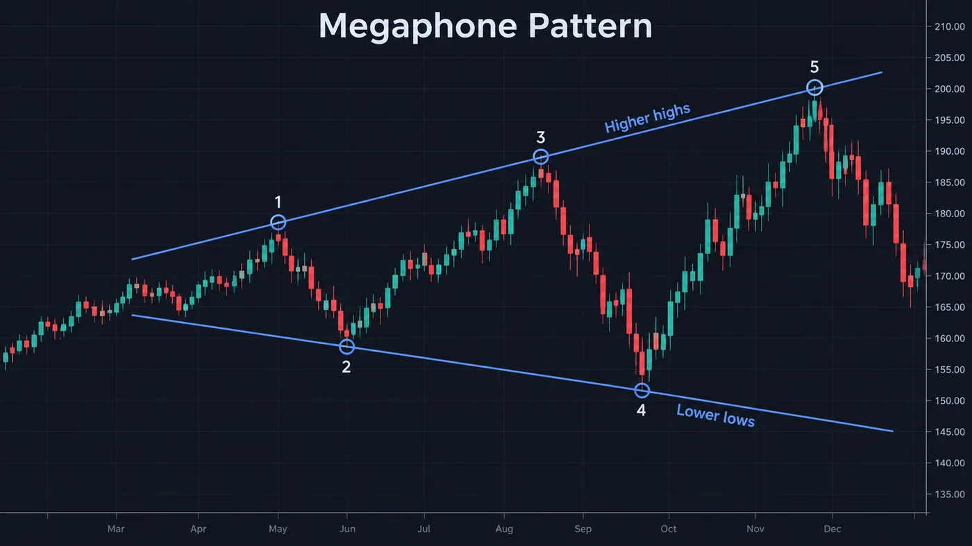 A megaphone or broadening formation on a dark price chart: two diverging trendlines opening to the right, pric A megaphone or broadening formation on a dark price chart: two diverging trendlines opening to the right, price making higher highs at touches 1, 3 and 5 on the upper line and lower lows at touches 2 and 4 on the lower line, the five swing points numbered, with candles growing longer toward the right as volatility expands