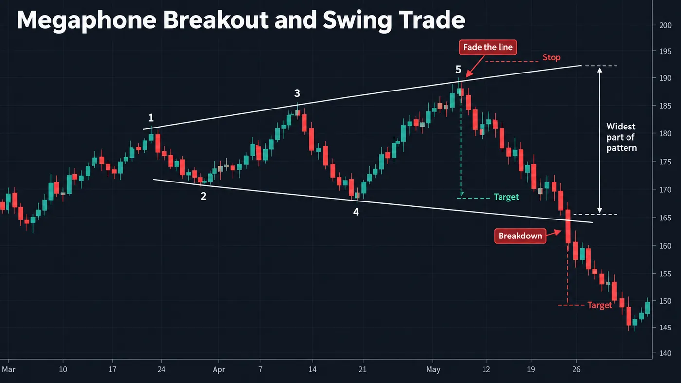 The two ways to trade a megaphone pattern on one chart: a short taken at touch 5 on the upper line labelled fa The two ways to trade a megaphone pattern on one chart: a short taken at touch 5 on the upper line labelled fade the line with the stop above the line and a dotted target at the lower line, then a decisive breakdown candle through the lower line labelled breakdown with a vertical bracket showing the widest part of the pattern projected down to a measured-move target