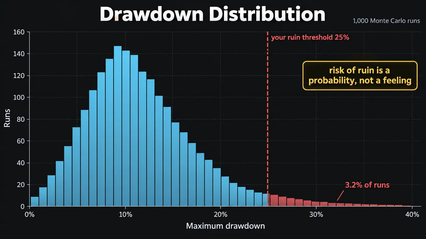 Histogram of maximum drawdown across 1,000 Monte Carlo runs, most between 8% and 12%, with a red line at a 25% Histogram of maximum drawdown across 1,000 Monte Carlo runs, most between 8% and 12%, with a red line at a 25% ruin threshold and 3.2% of runs in the tail beyond it
