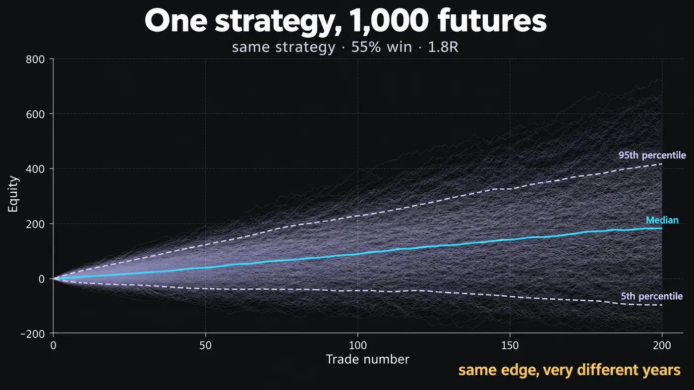 Fan chart of 1,000 Monte Carlo equity curves for one strategy with a 55% win rate and 1.8R average winner over Fan chart of 1,000 Monte Carlo equity curves for one strategy with a 55% win rate and 1.8R average winner over 200 trades, median path in cyan, 5th and 95th percentile bands dashed