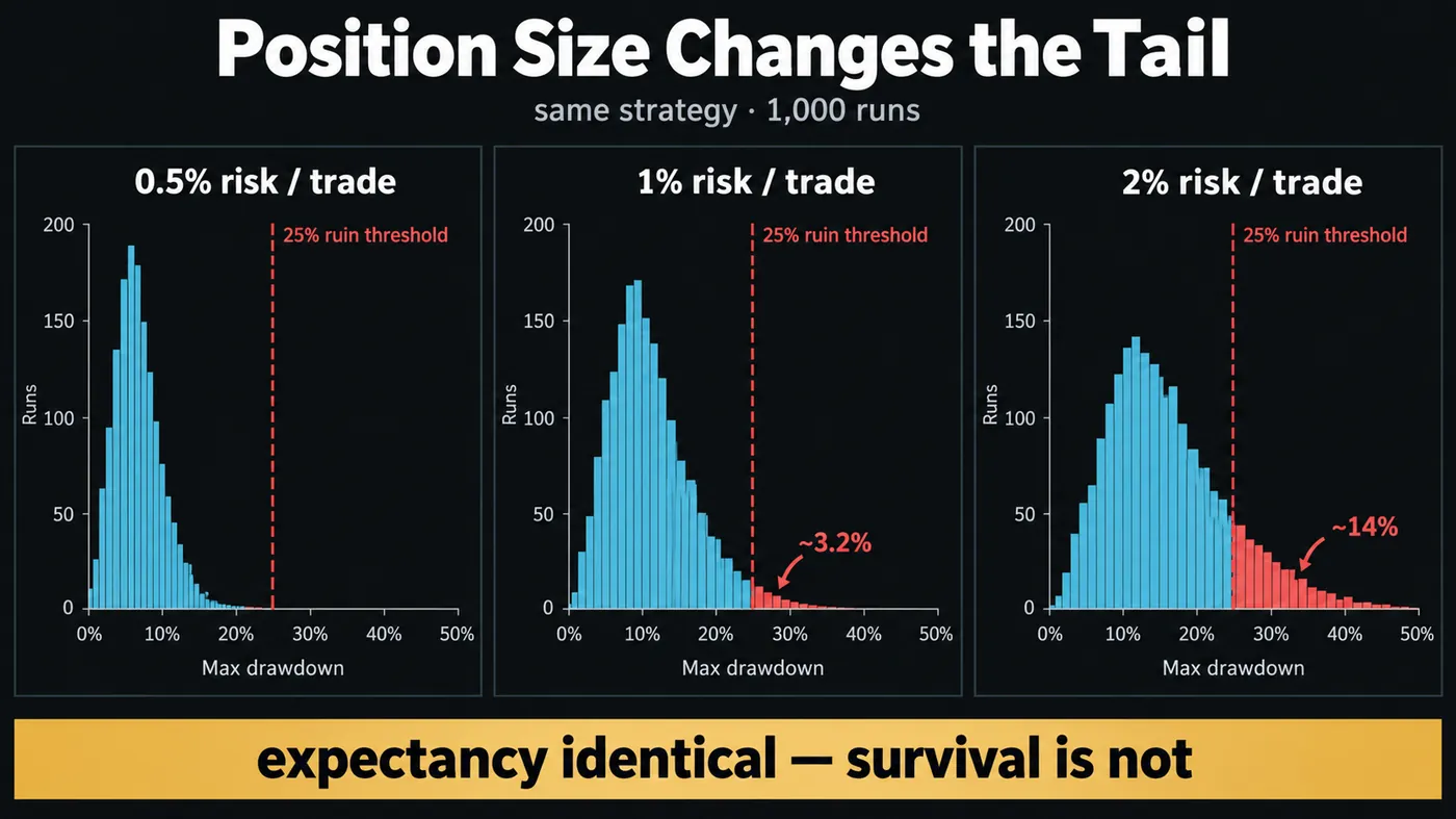 Three drawdown histograms for the same strategy at 0.5%, 1% and 2% risk per trade Three drawdown histograms for the same strategy at 0.5%, 1% and 2% risk per trade: the ruin tail beyond 25% grows from near zero to about 3.2% to about 14% of runs