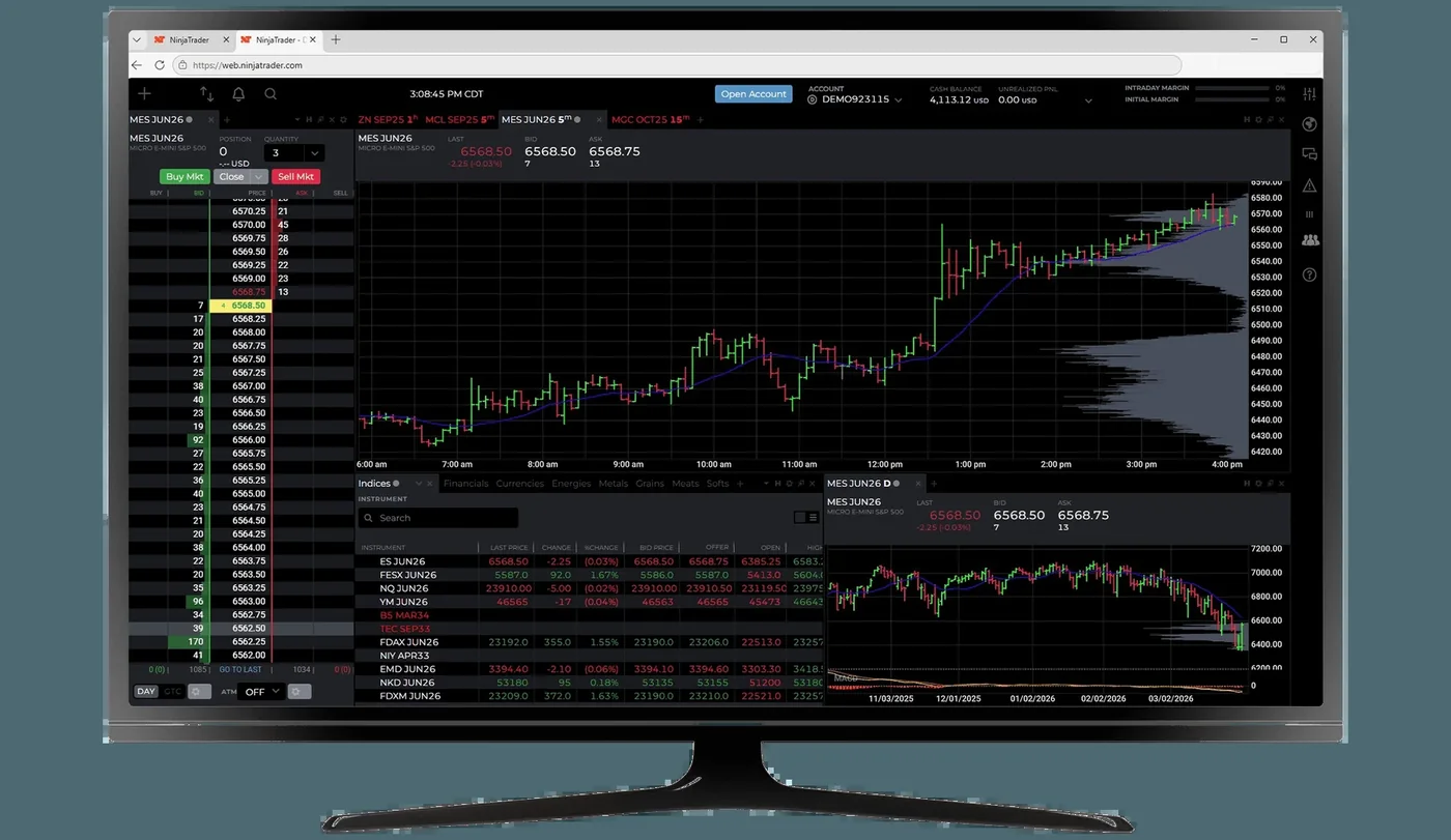 NinjaTrader Desktop and WebTrader on a monitor: a SuperDOM price ladder with bid and ask depth on the left, fu NinjaTrader Desktop and WebTrader on a monitor: a SuperDOM price ladder with bid and ask depth on the left, futures charts with a volume profile and indicators in the centre and right, and an order ticket and account panel