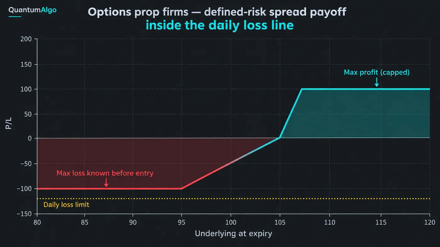 Payoff diagram of a bull put spread at expiry on a dark background, the profit and loss curve teal above zero Payoff diagram of a bull put spread at expiry on a dark background, the profit and loss curve teal above zero and red below, with a flat maximum-loss plateau on the left, a sloped middle and a flat maximum-profit plateau on the right, a dotted horizontal line labelled daily loss limit sitting just below the maximum loss, and the annotation max loss known before entry