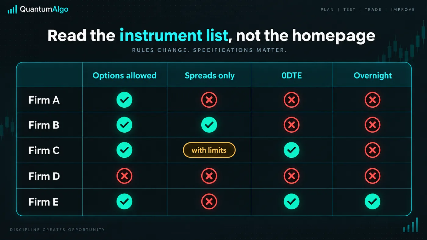 A dark table graphic with five rows labelled Firm A to Firm E and four columns — options allowed, spreads only A dark table graphic with five rows labelled Firm A to Firm E and four columns — options allowed, spreads only, 0DTE, overnight — filled with teal check marks, red crosses and one amber with-limits pill, under the title read the instrument list not the homepage