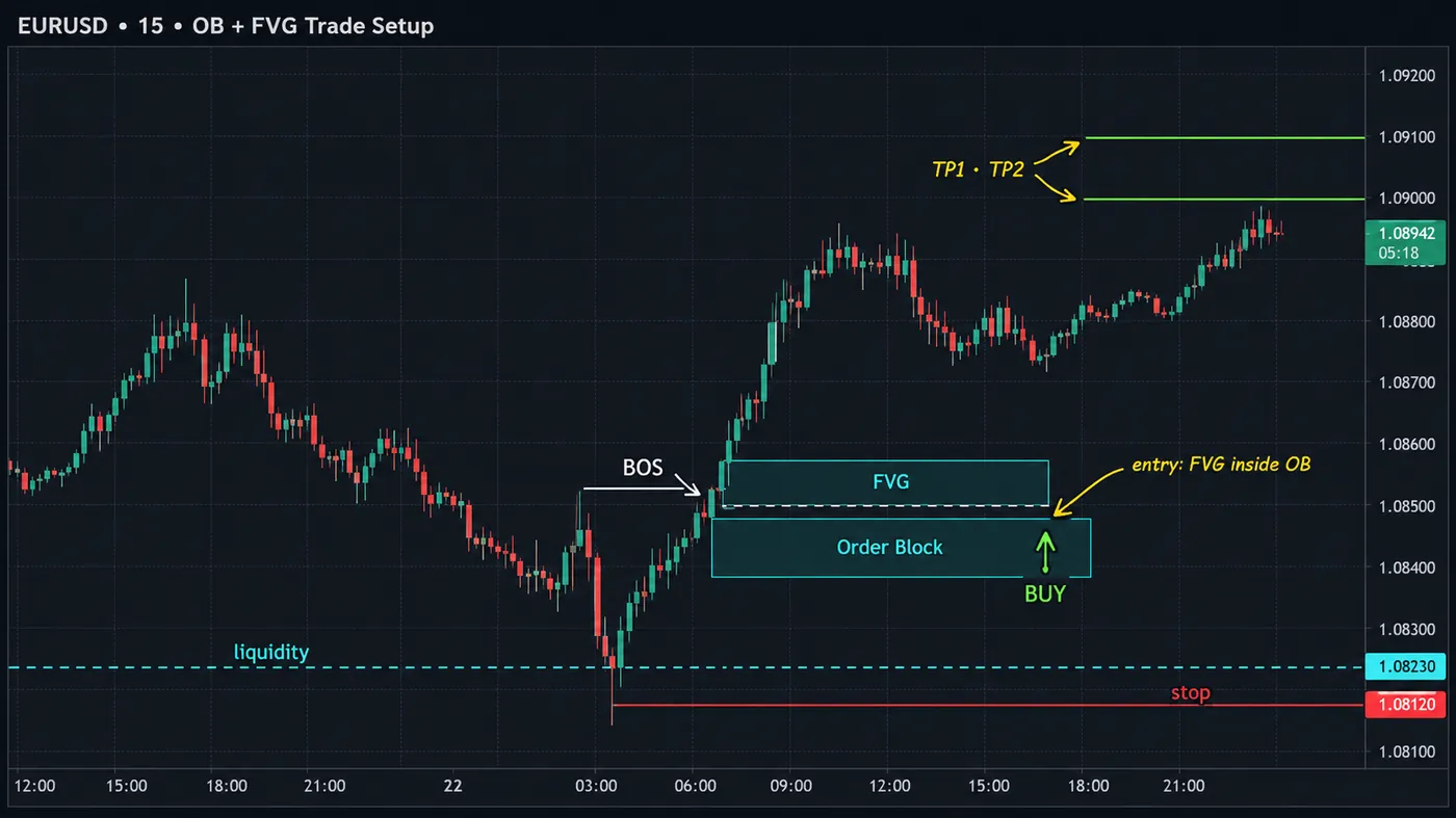 EURUSD 15-minute chart with a full order block plus fair value gap setup EURUSD 15-minute chart with a full order block plus fair value gap setup: liquidity swept below a marked low, break of structure, a bullish order block with a fair value gap directly above it, entry at the gap inside the block, stop below the block and two take-profit levels